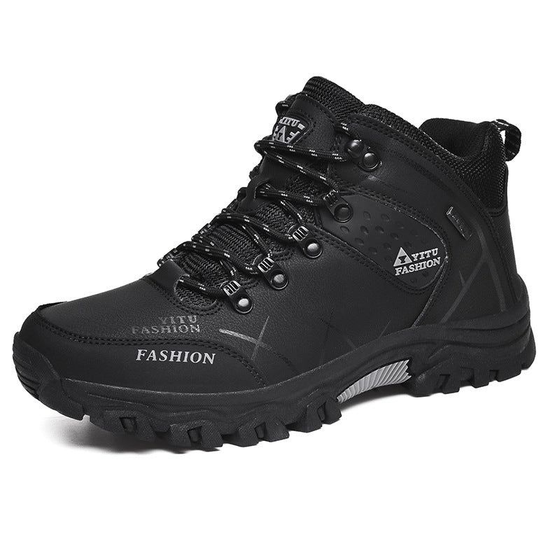 メンズハイキングシューズミッドカットの防水シューズベルベット暖かい綿の靴ハイキング秋と冬の旅行靴革で覆われた防水ハイキング靴